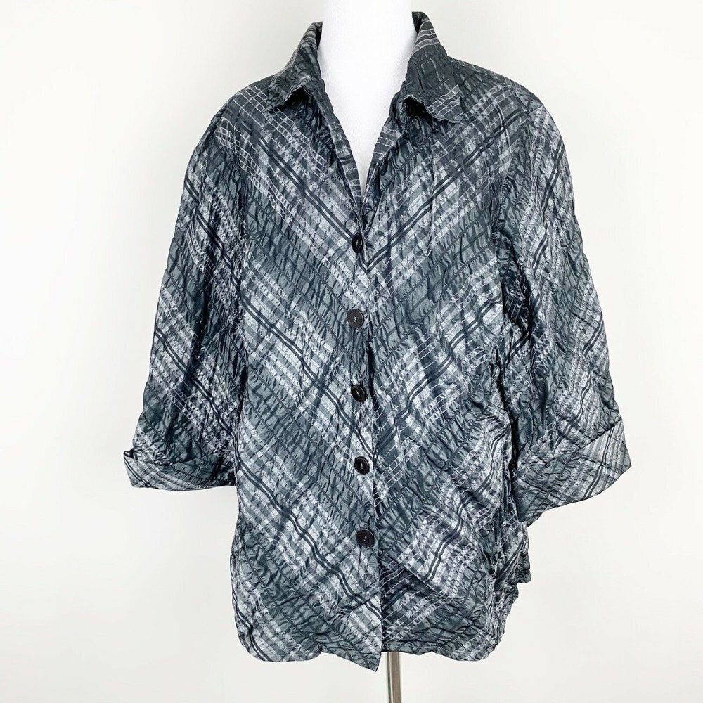 Jones New York Woman Plus Size Blouse 2X Print Button Front Black Gray Plaid
